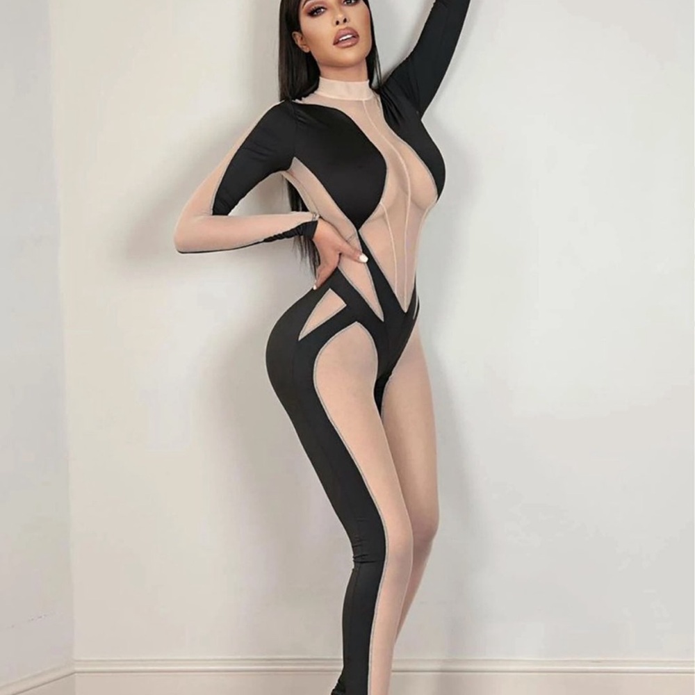 Fashion Nova Black and Nude Mesh Bodysuit - Picture 2 of 3